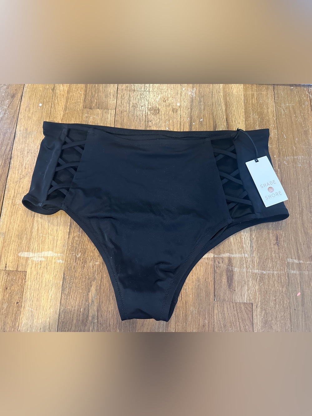 Shade & Shore Black Lattice-Side High-Waist Swim Bottom